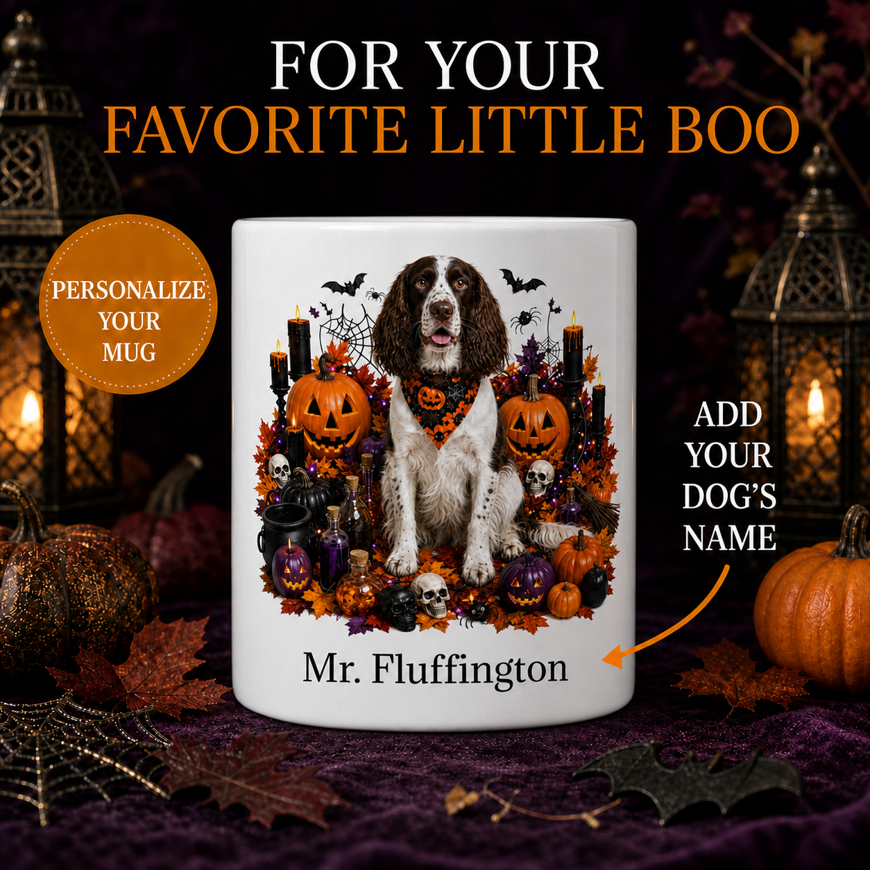 Personalized English Springer Spaniel Halloween Mug – Custom Name Gift – front view with no handle