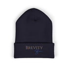 A navy blue cuffed beanie with "BREVITY Brew" embroidered on the front.