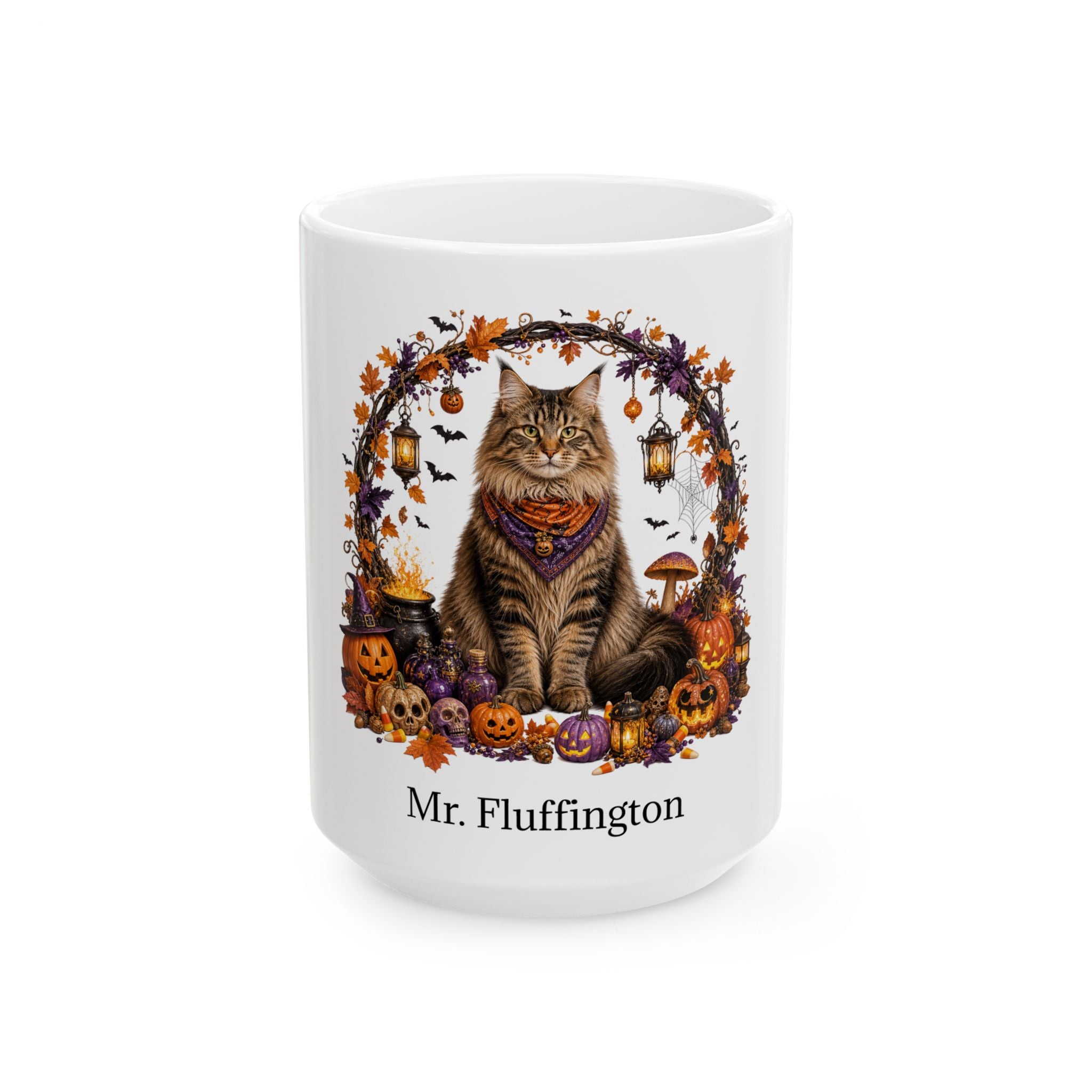 Angled Siberian cat Halloween mug with personalized pet name and fall design — image 3