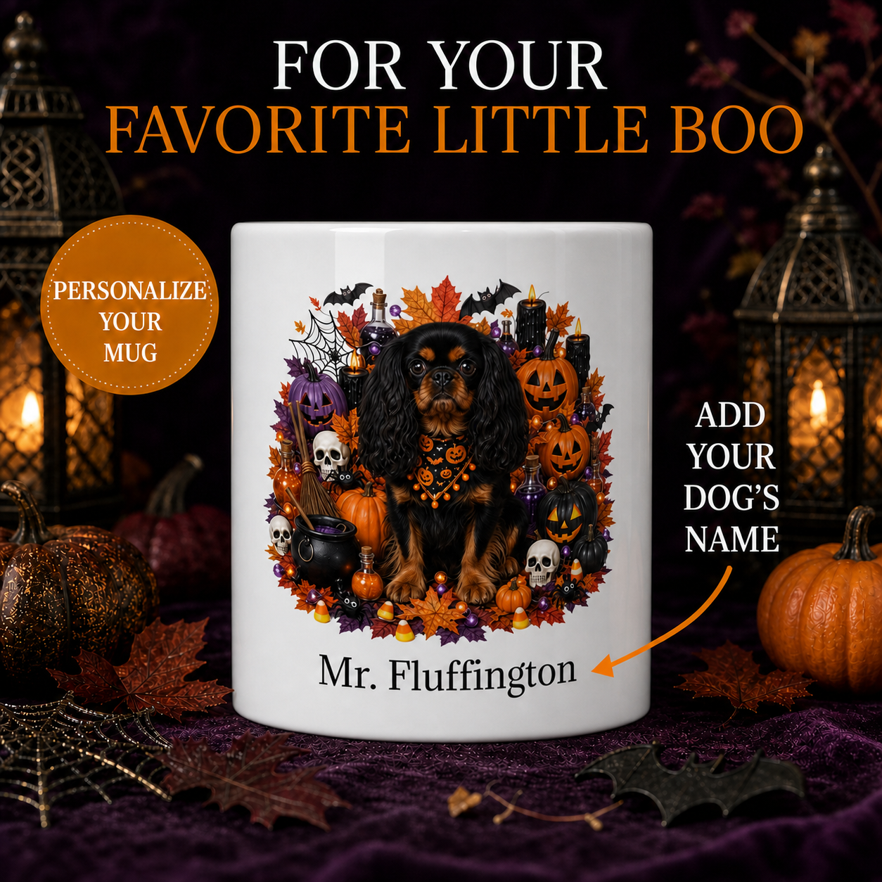Personalized English Toy Spaniel Halloween Mug – Custom Dog Name Gift – front view with no handle