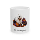 Personalized Samoyed dog Halloween mug, 11oz white ceramic, with custom pet name on front