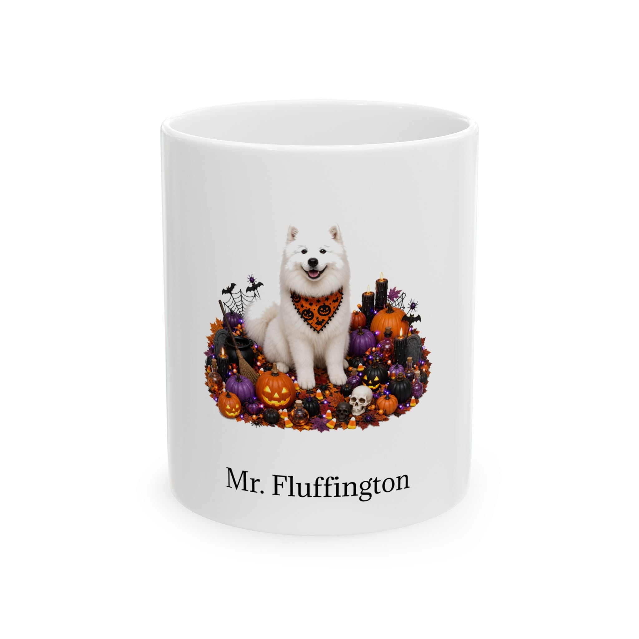 Personalized Samoyed dog Halloween mug, 11oz white ceramic, with custom pet name on front