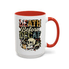 White ceramic mug with a red handle and a retro skull graphic reading Death Before Decaf.