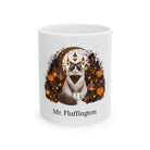 Personalized Ragdoll cat Halloween mug, 11oz white ceramic, with custom pet name on front