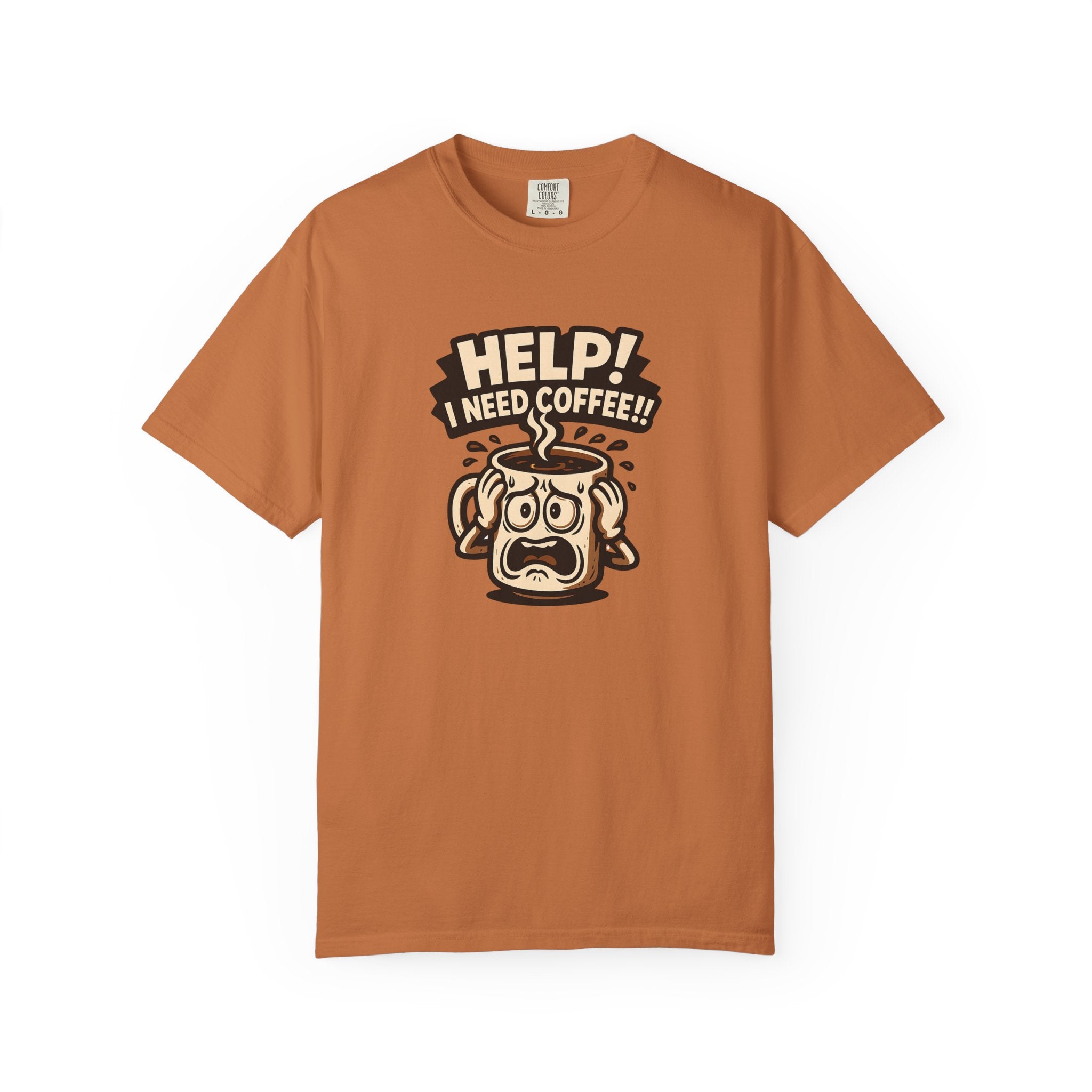 A rust-colored oversized cotton t-shirt featuring a graphic of a panicked coffee mug.