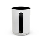 A white ceramic mug with a black interior and a black handle, shown from the back.