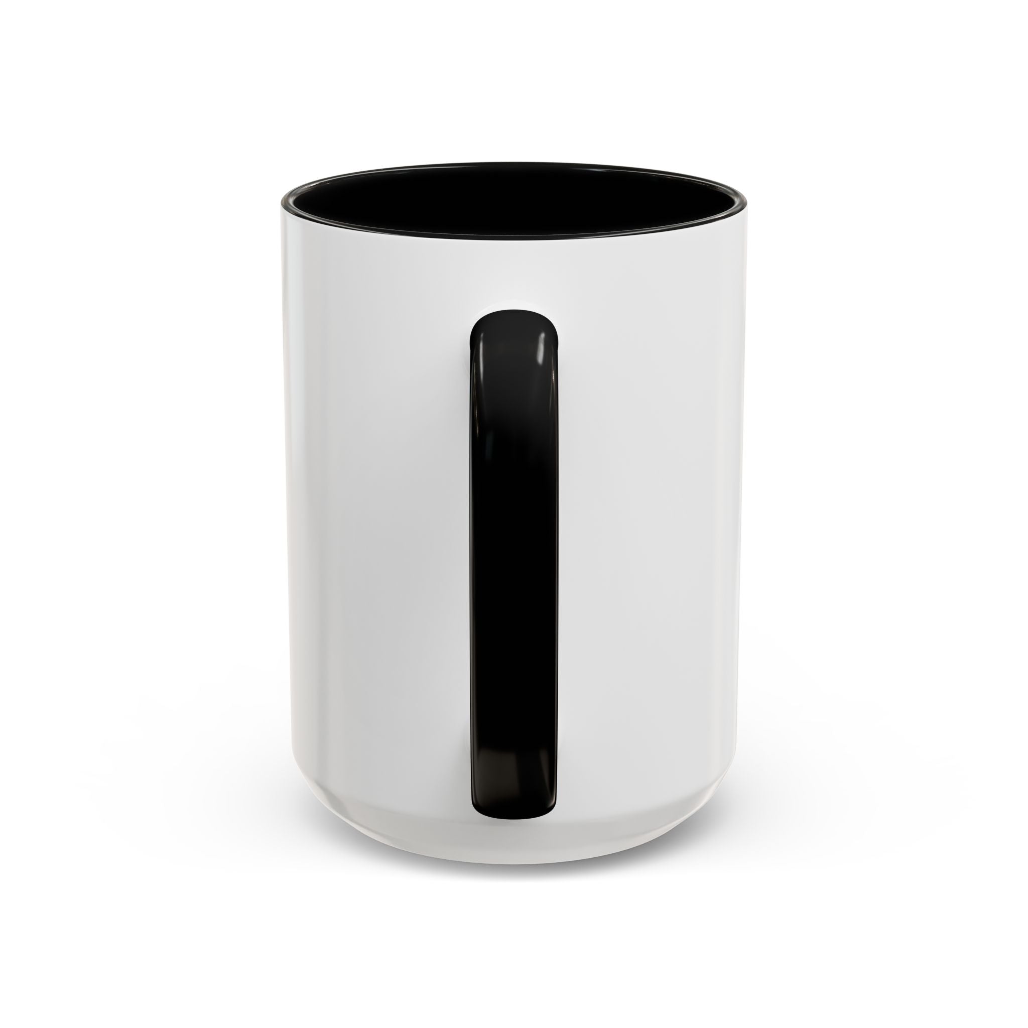 A white ceramic mug with a black interior and a black handle, shown from the back.