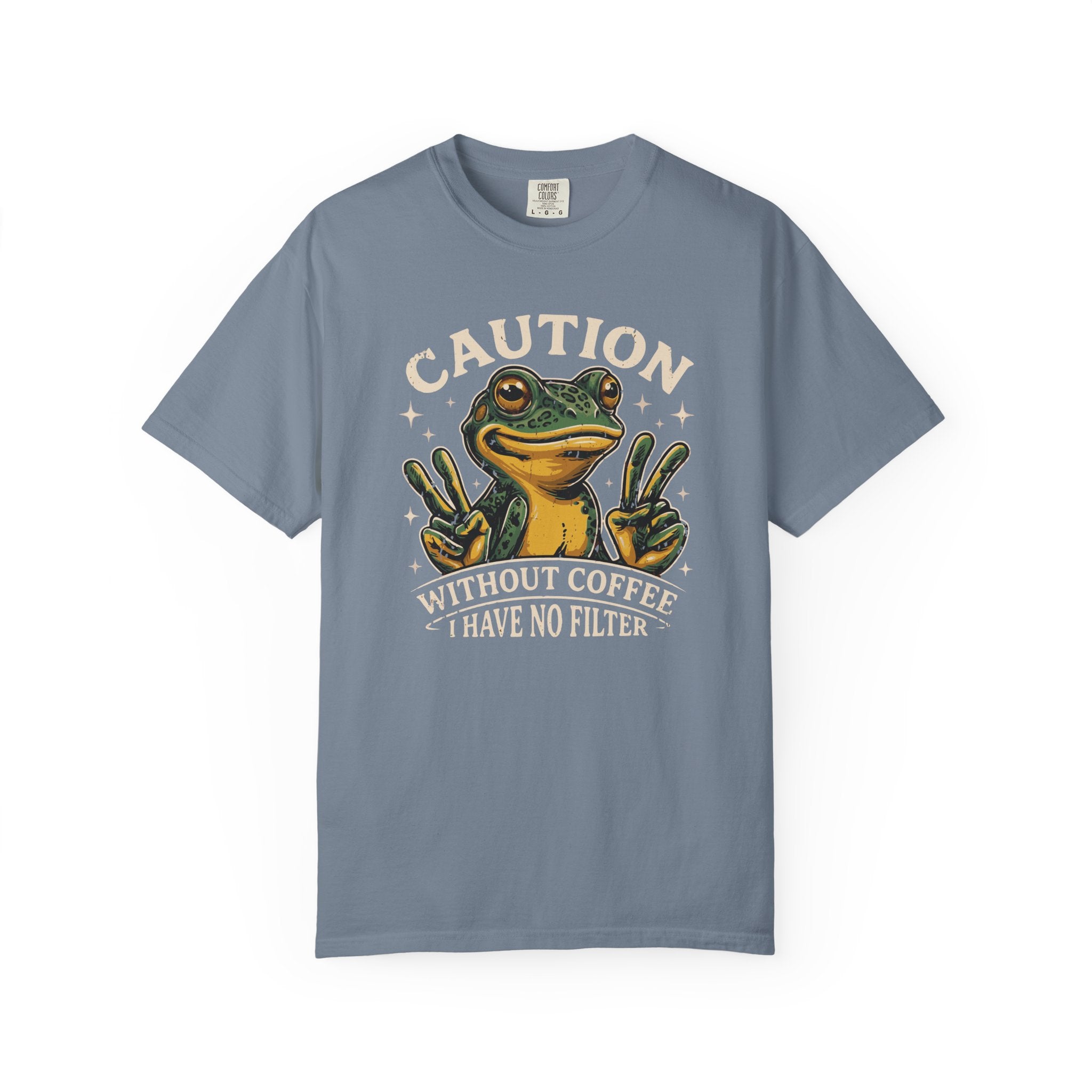 Blue t-shirt featuring a graphic of a frog making peace signs with the text Caution No Filter.