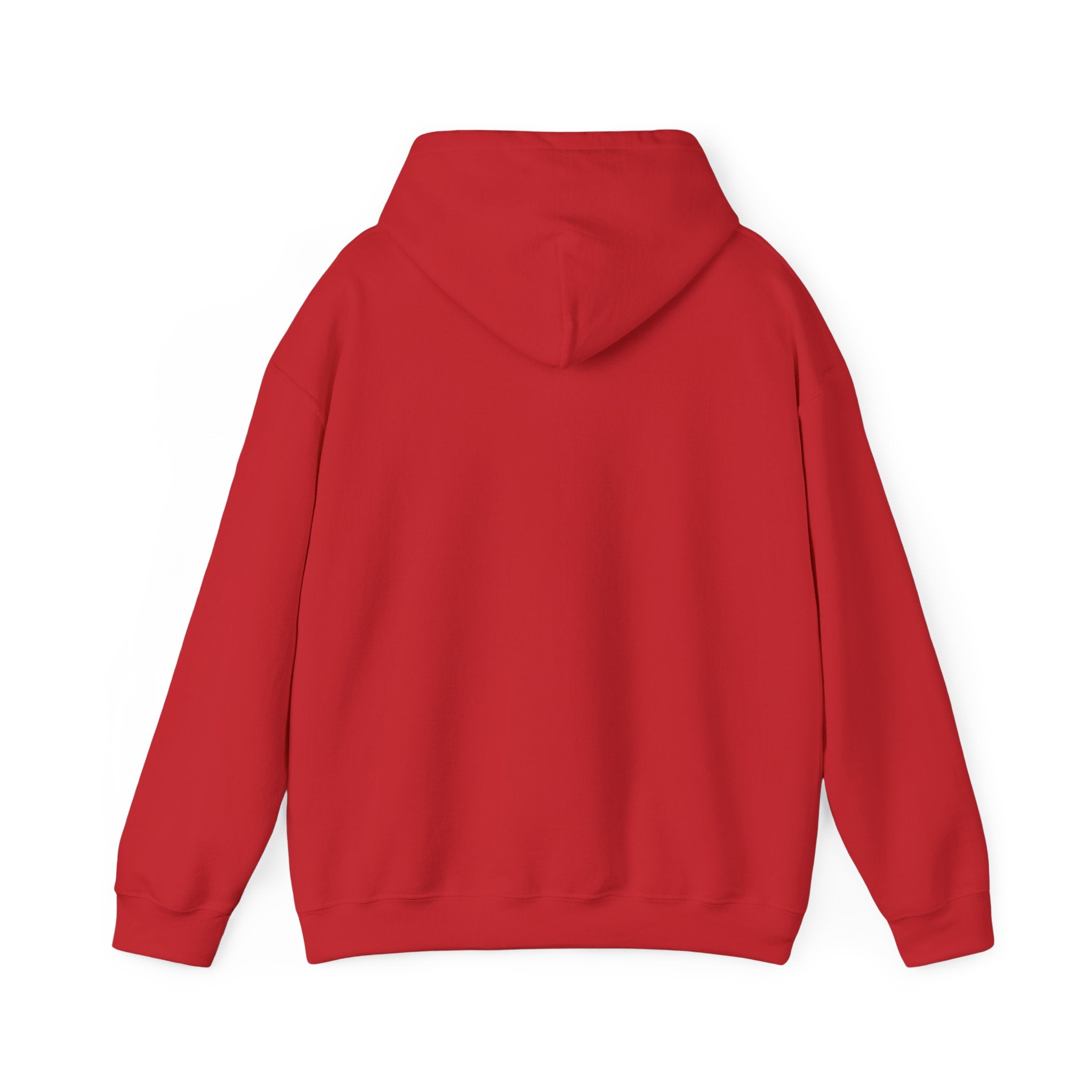 Red hoodie with a double-lined hood and kangaroo pocket.