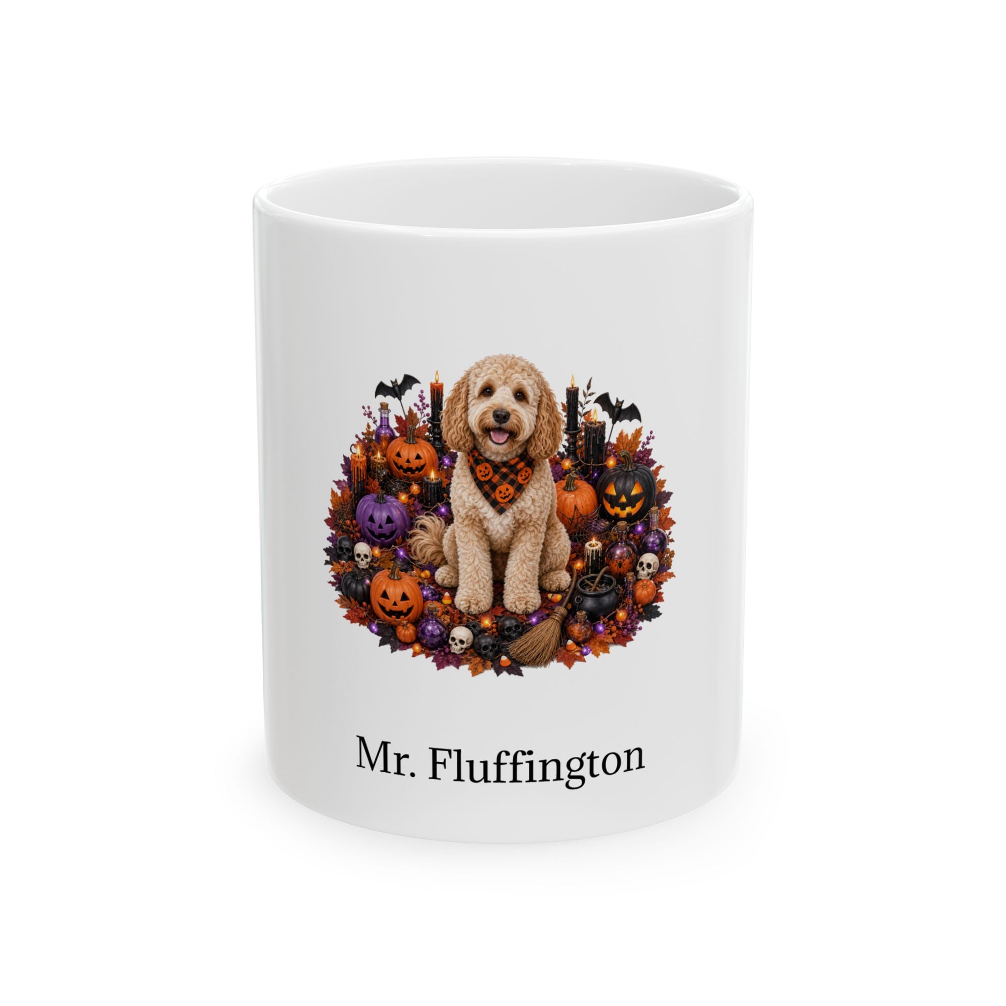 Personalized Cockapoo dog Halloween mug, 11oz white ceramic, with custom pet name on front