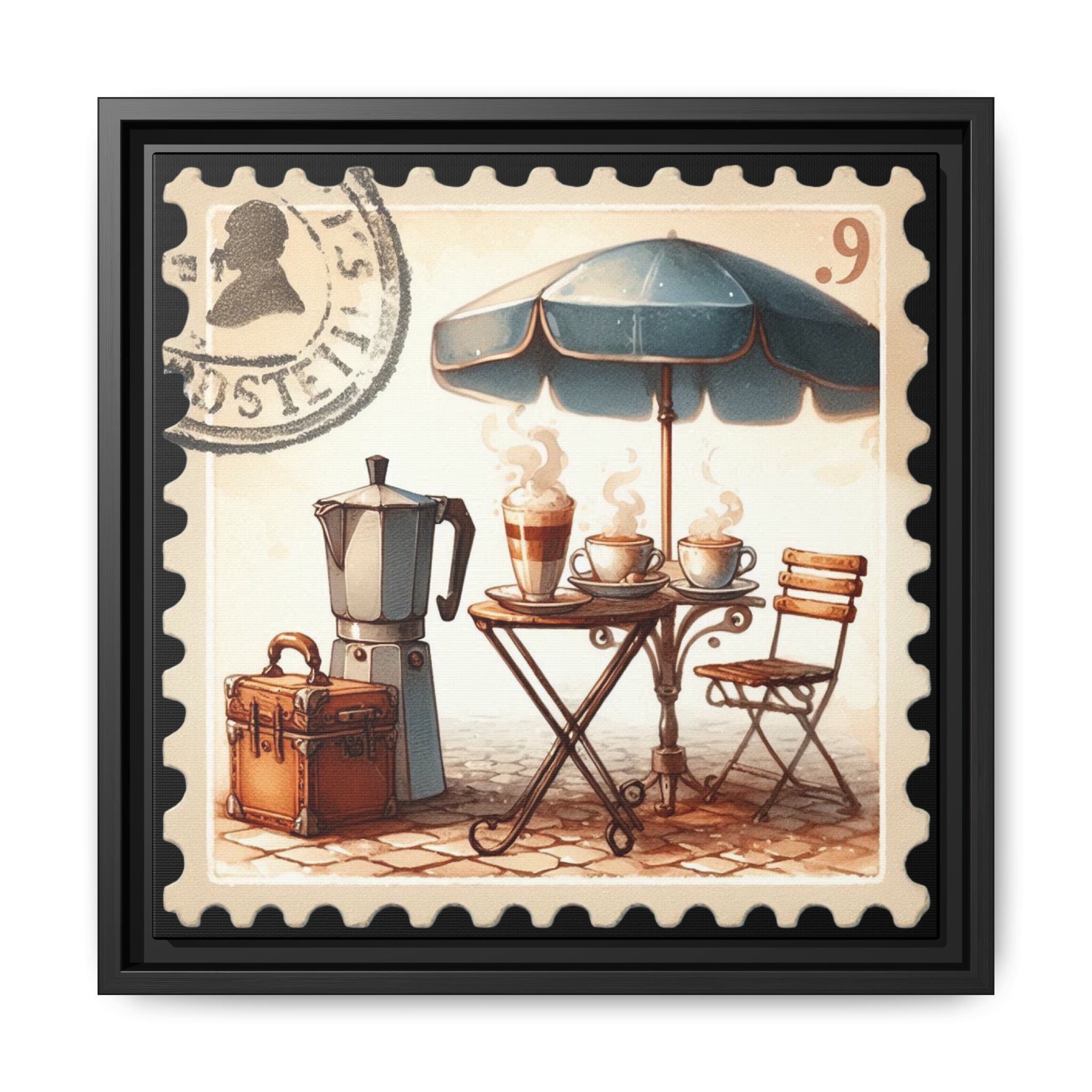 Vintage Coffee Stamp Framed Canvas Wall Art - 14x14 Cafe Decor