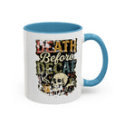 White ceramic coffee mug with a blue handle and rim featuring a retro skull and coffee graphic.