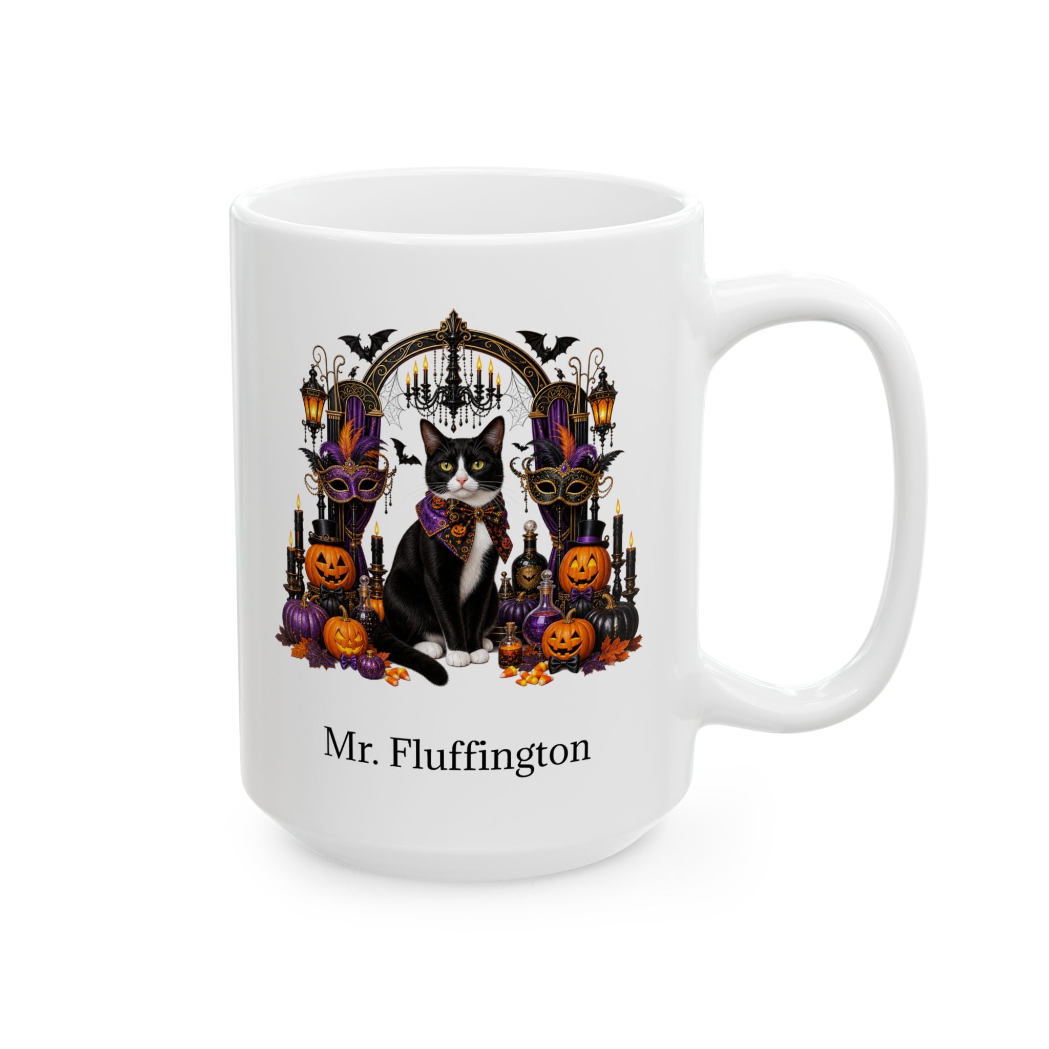 Personalized Tuxedo Cat Halloween Mug – Custom Pet Name Gift