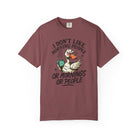 A maroon t-shirt featuring a grumpy duck holding a coffee mug with the text I Don't Like Morning People.