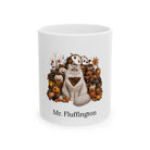 Personalized Ragamuffin cat Halloween mug, 11oz white ceramic, with custom pet name on front