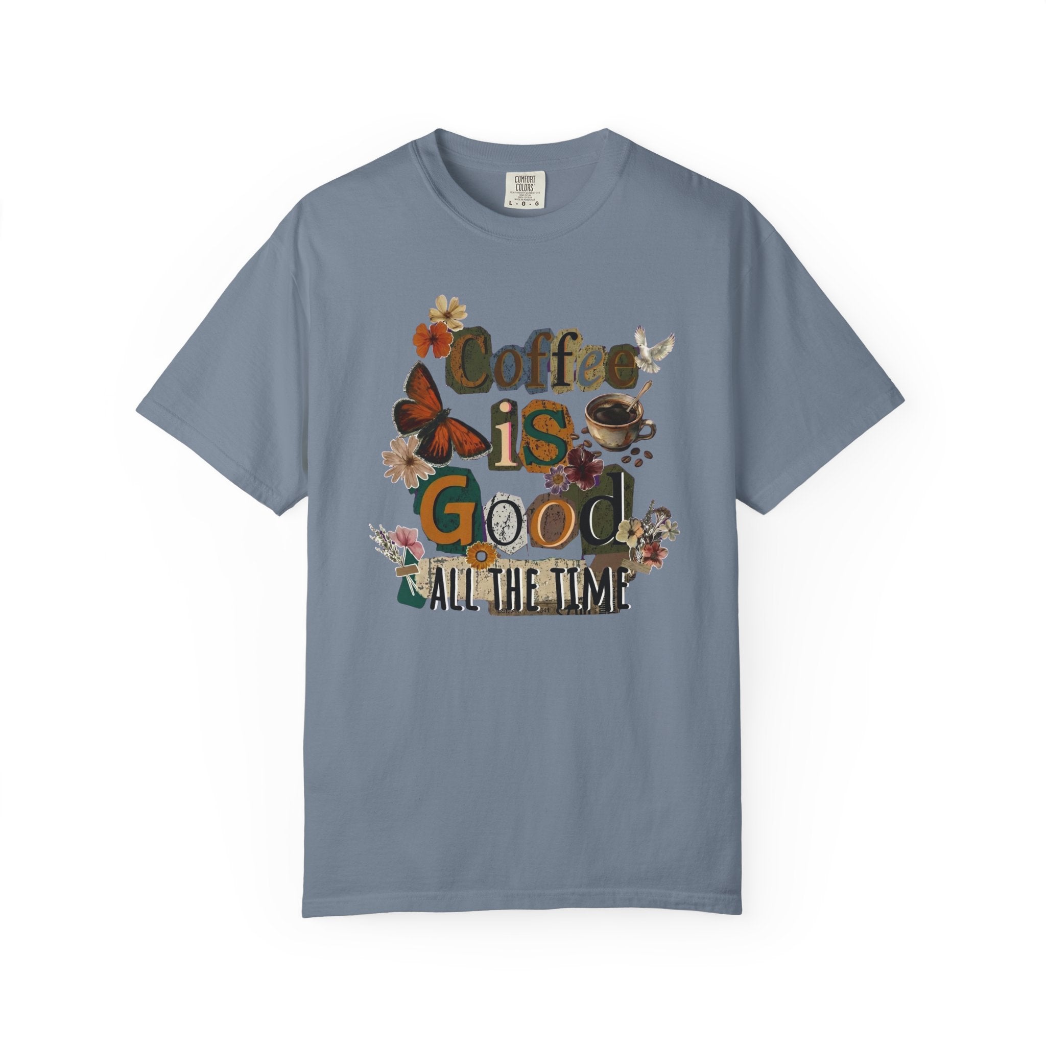 A blue cotton t-shirt featuring a vintage floral graphic with the text Coffee is Good.