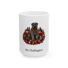 Personalized Bouvier des Flandres dog Halloween mug, 11oz white ceramic, with custom pet name on front