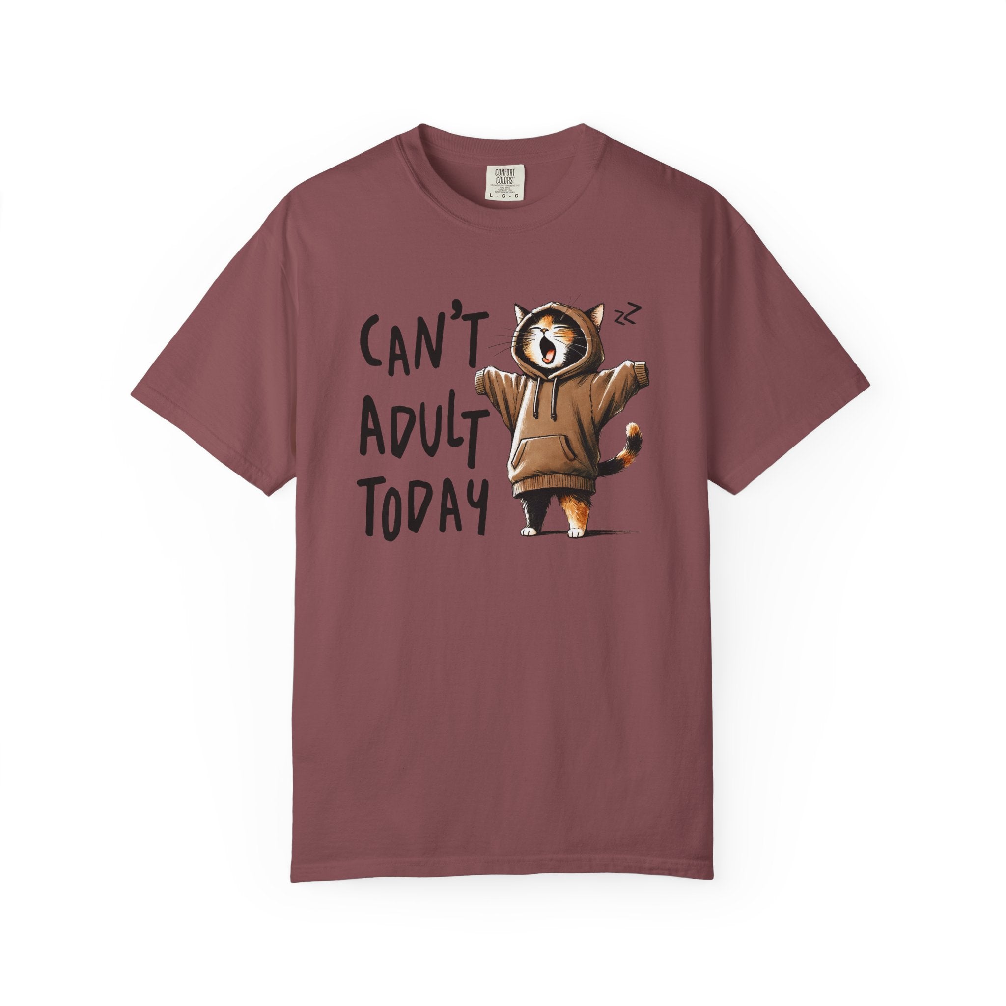 A maroon heavyweight cotton t-shirt featuring a graphic of a yawning cat wearing a hoodie.