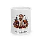 Personalized Irish Red and White Setter dog Halloween mug, 15oz white ceramic, with custom pet name on front