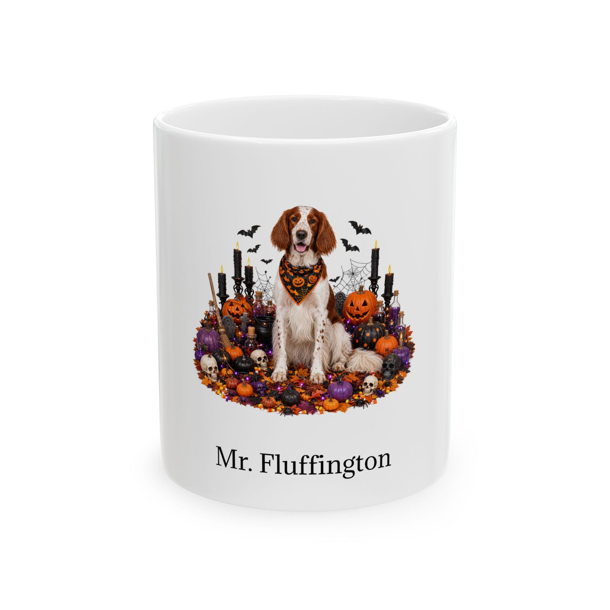 Personalized Irish Red and White Setter dog Halloween mug, 15oz white ceramic, with custom pet name on front