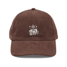 Brown corduroy baseball cap with an embroidered white coffee cup logo featuring a heart design.