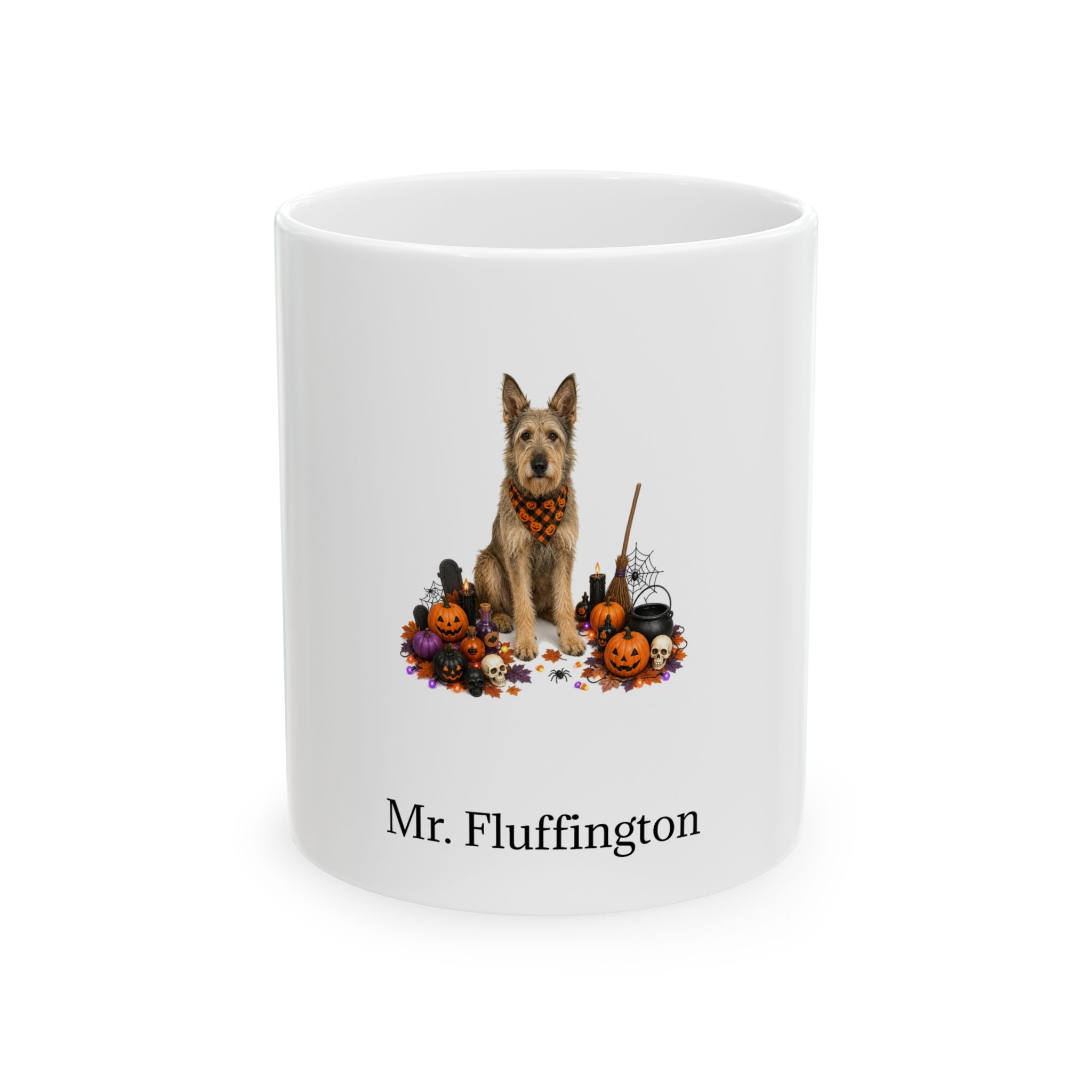 Personalized Berger Picard dog Halloween mug, 15oz white ceramic, with custom pet name on front