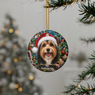 Christmas Dog Ceramic Ornament — Santa Hat Pet Portrait, Personalized Name Plaque