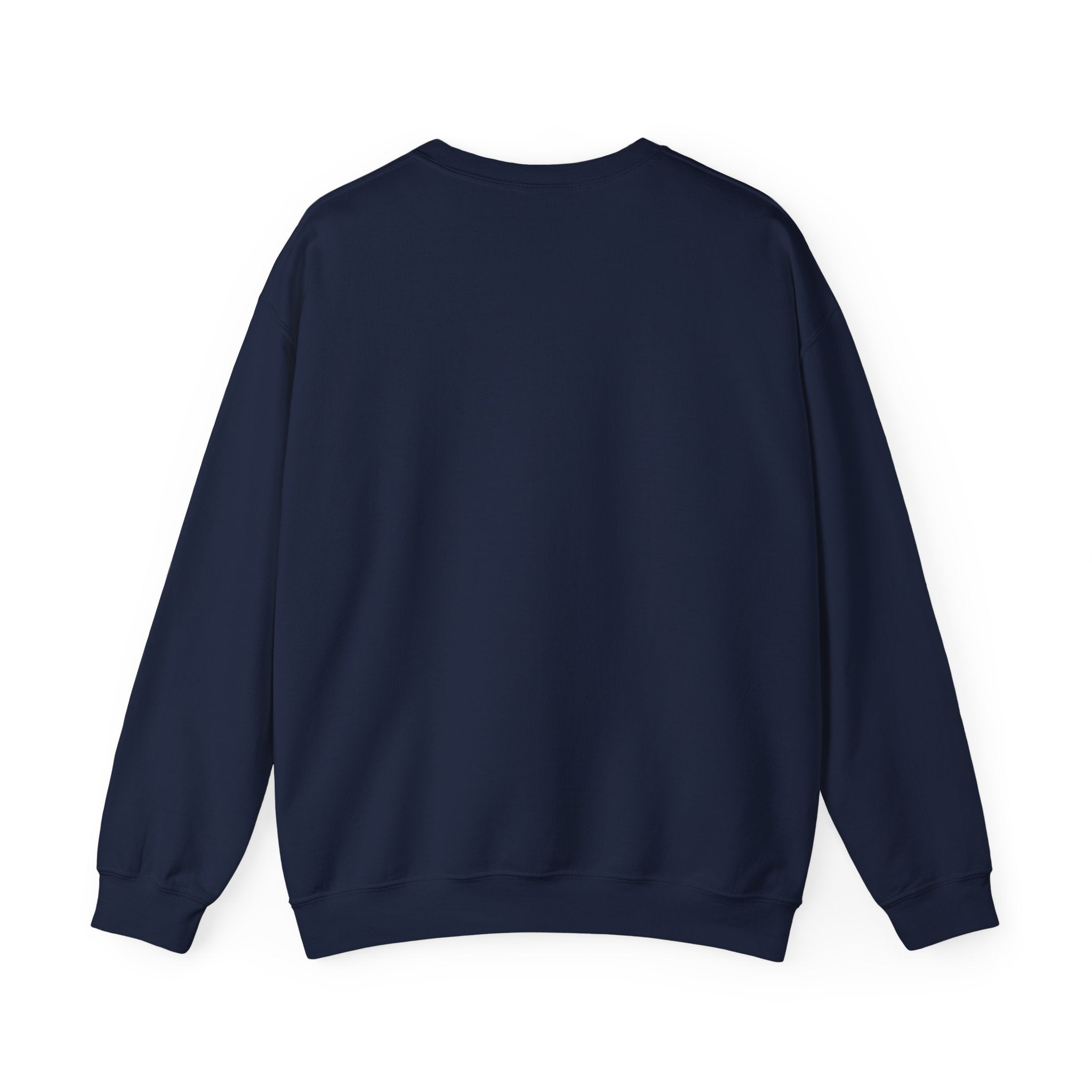 A plain navy blue crewneck sweatshirt shown from the back.