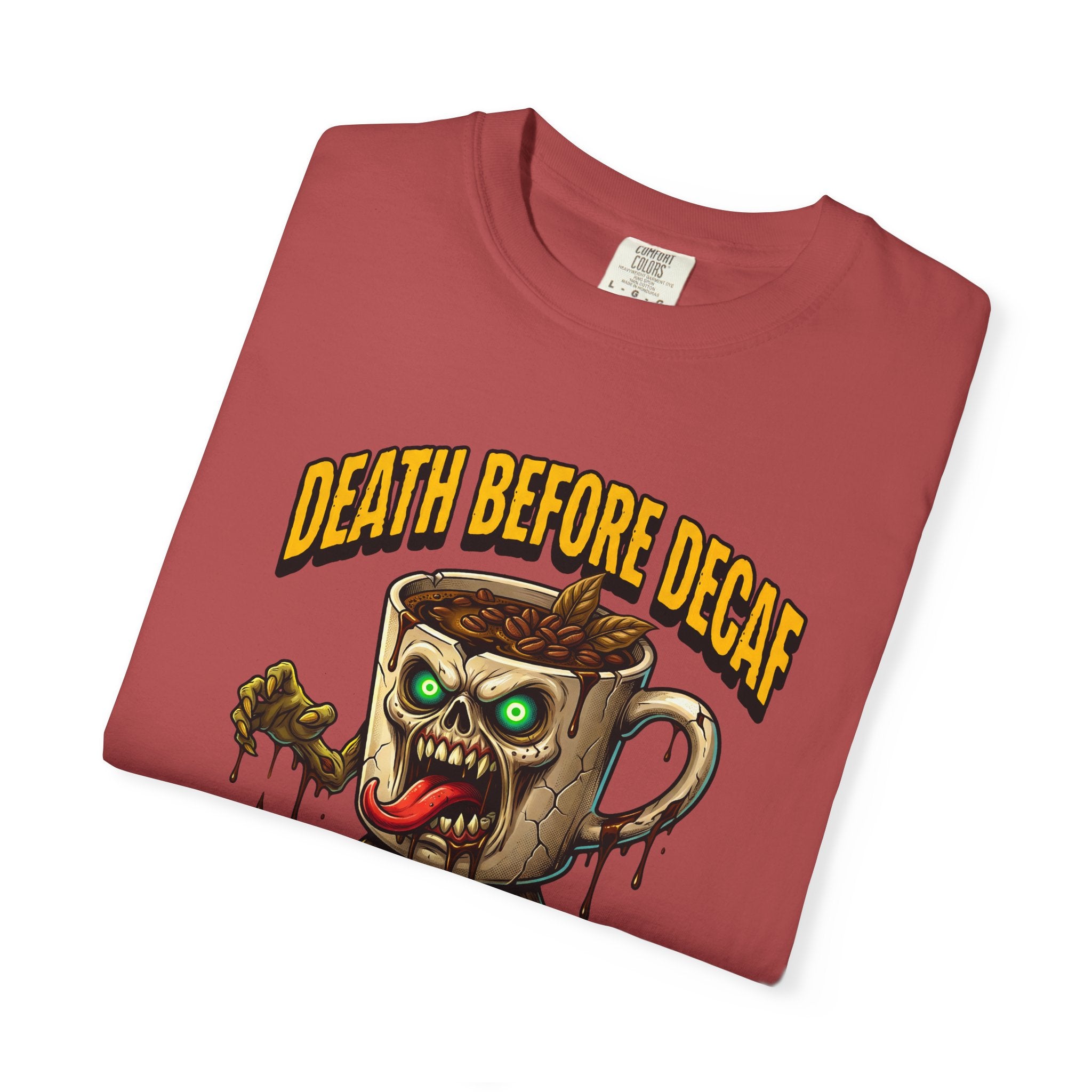 Red unisex cotton t-shirt featuring a zombie coffee mug graphic with the text Death Before Decaf.