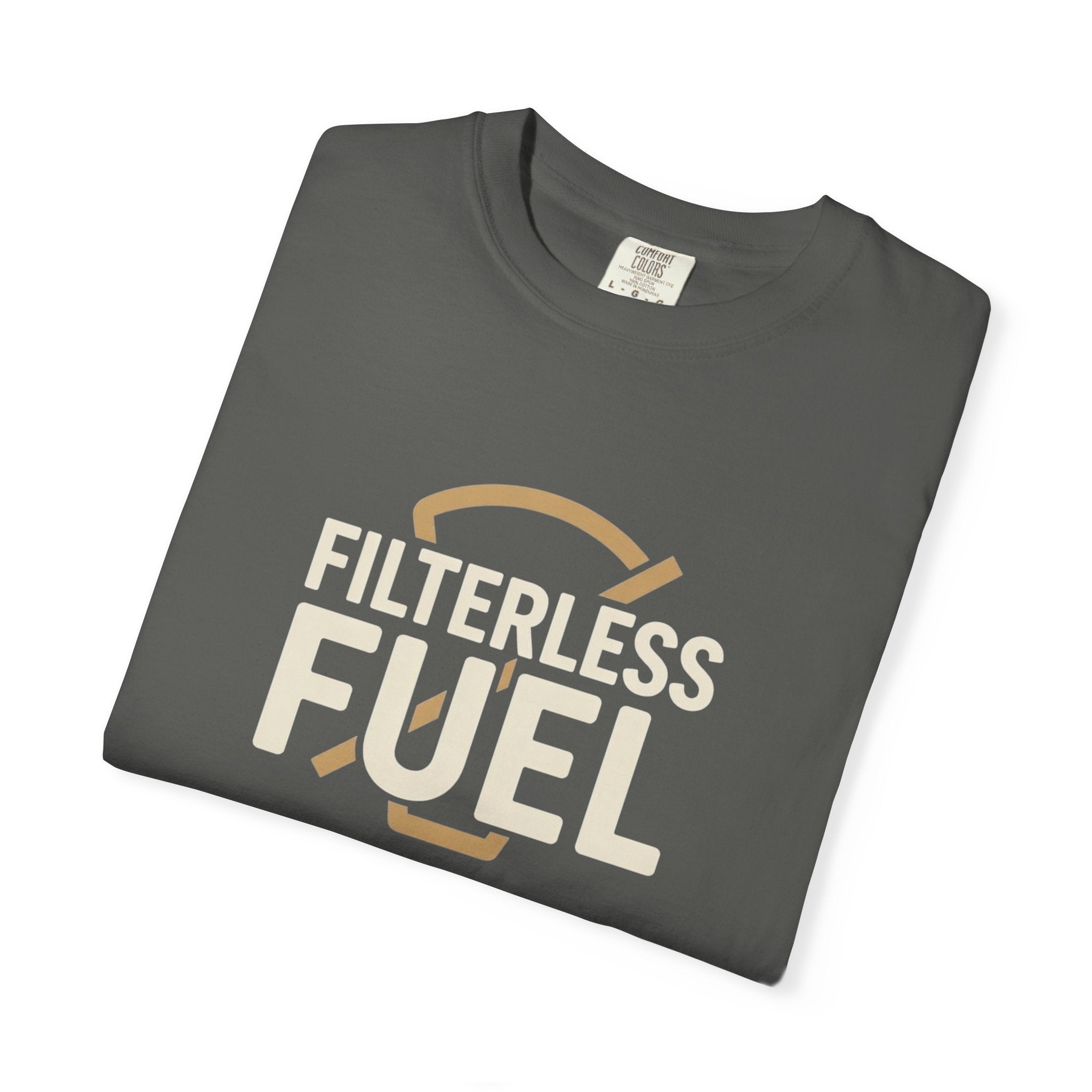 A charcoal grey cotton t-shirt featuring the text Filterless Fuel in a retro design.
