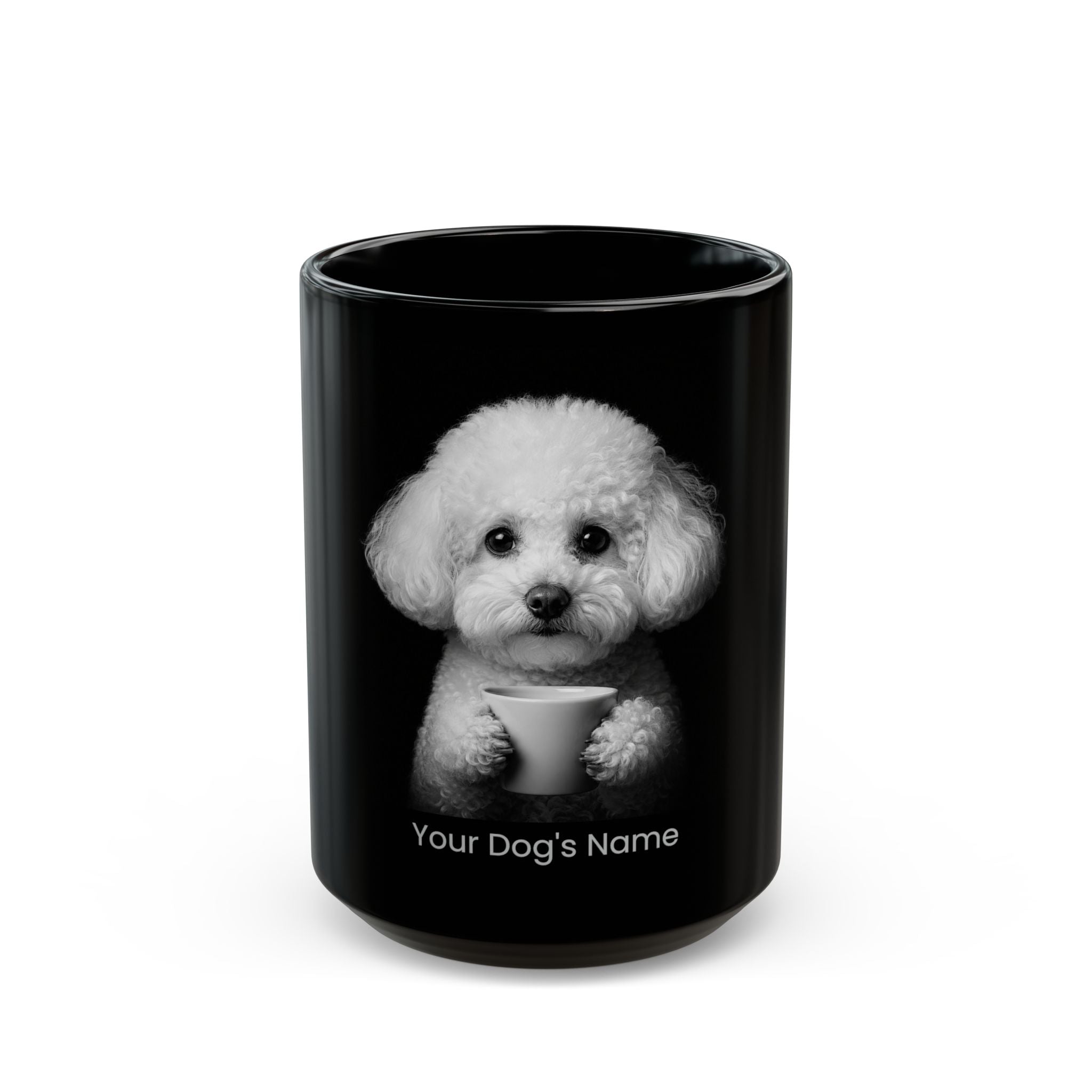 Personalized Bichon Frise black ceramic coffee mug with custom dog name