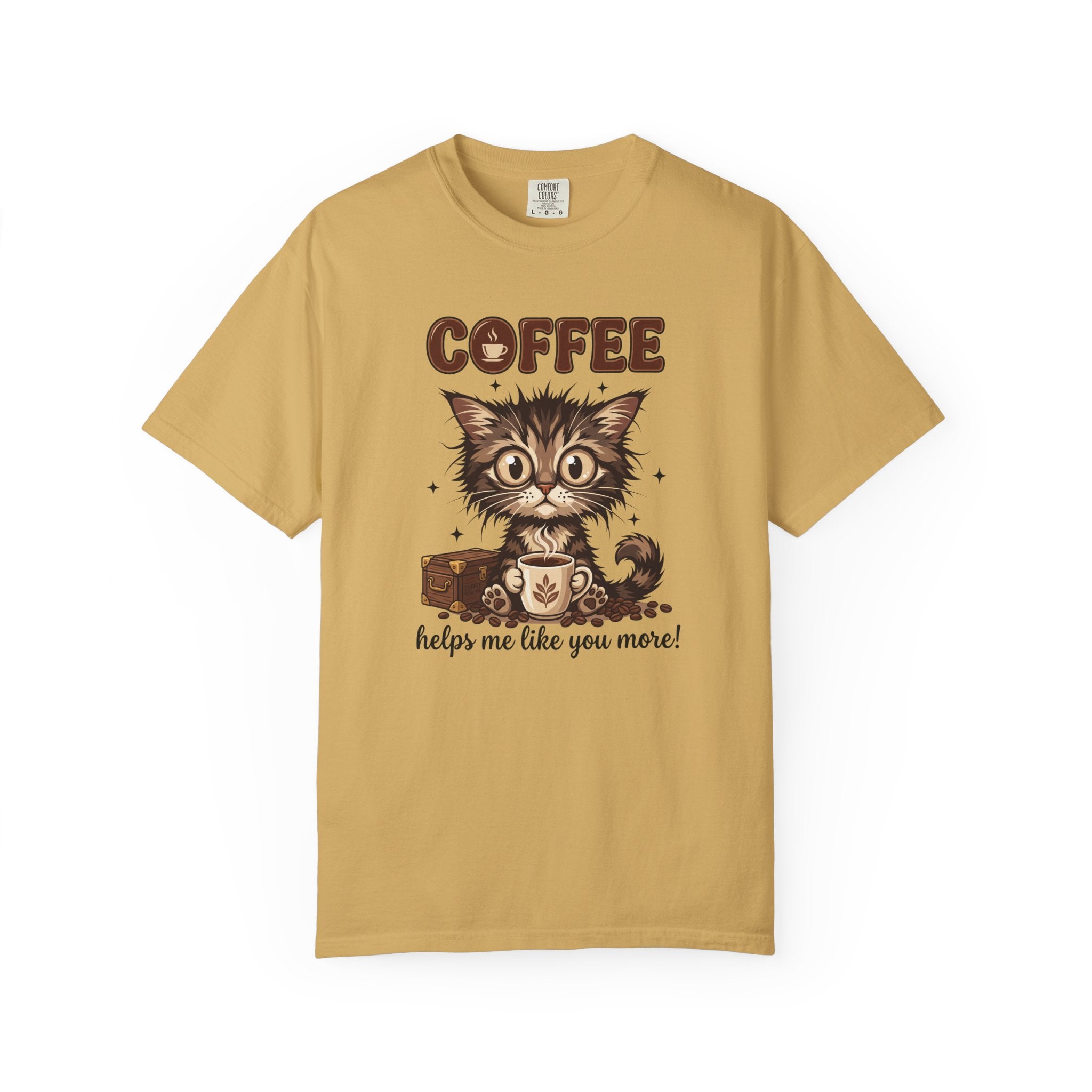 Mustard yellow unisex cotton t-shirt featuring a cute kitten holding a coffee mug graphic.