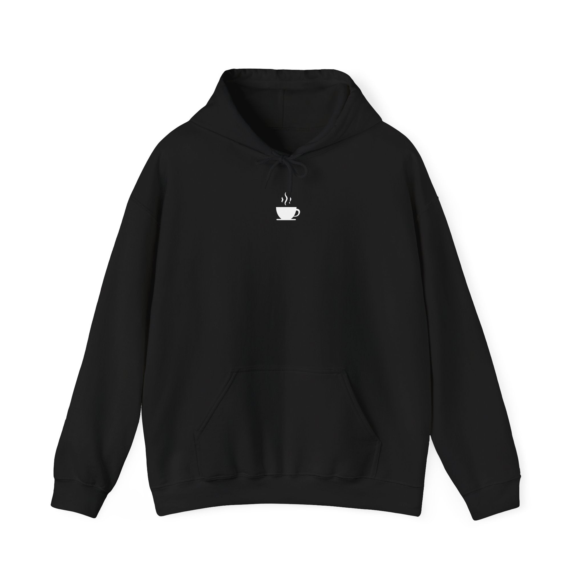 A black hooded sweatshirt featuring a small white coffee cup icon on the center chest.