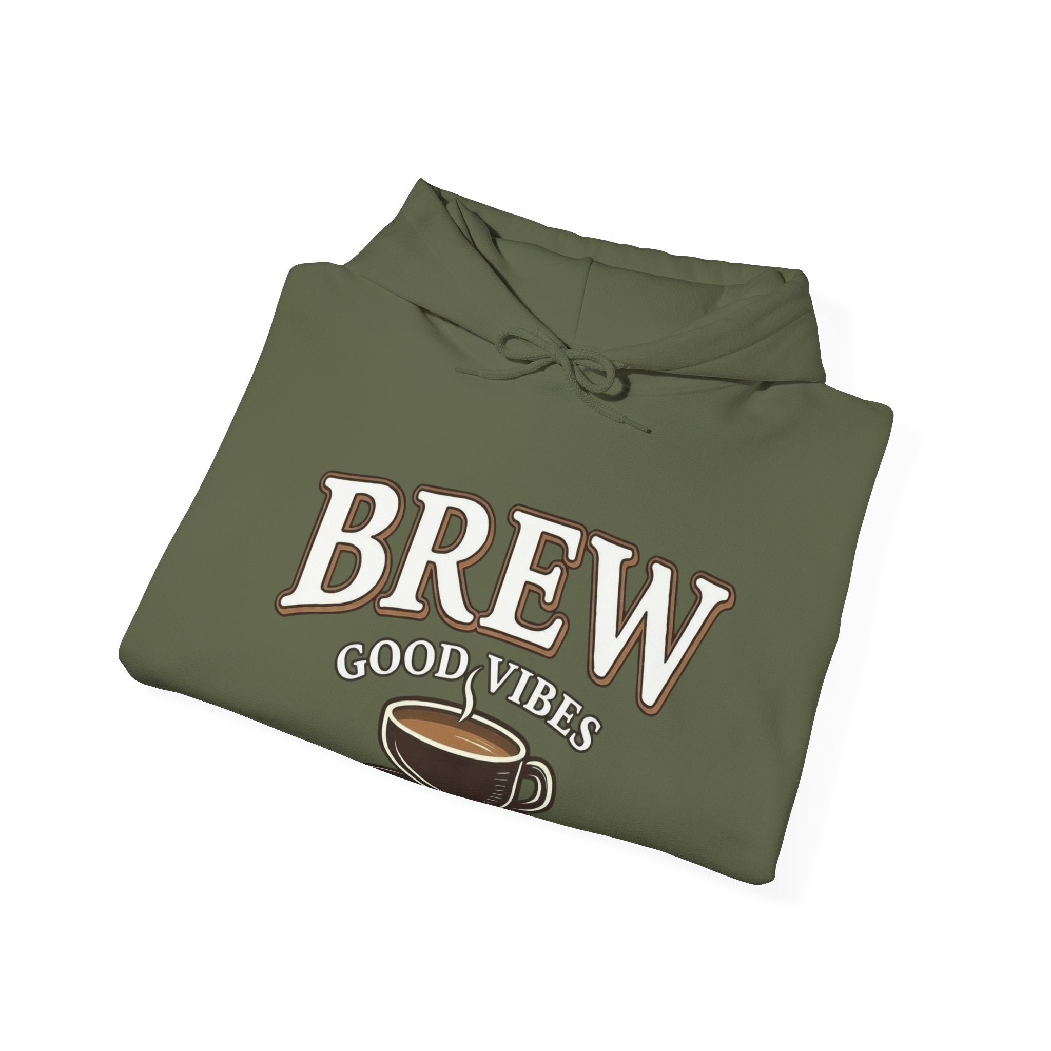 A folded olive green hoodie features "BREW GOOD VIBES" text and a coffee cup graphic.