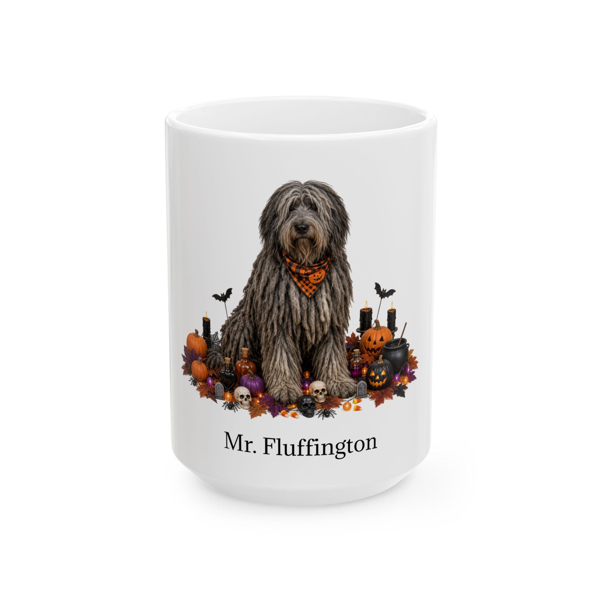 Angled Bergamasco dog Halloween mug with personalized pet name and fall design — image 3