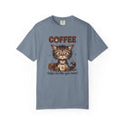 Blue unisex t-shirt featuring a cute kitten holding a coffee mug with the text Coffee helps me.