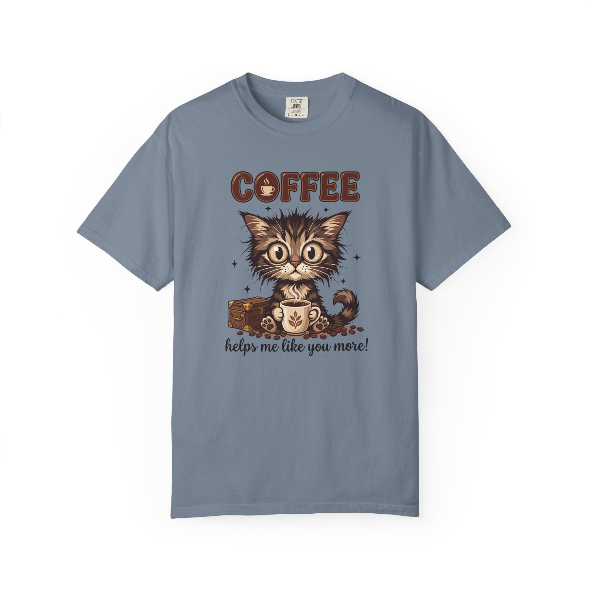 Blue unisex t-shirt featuring a cute kitten holding a coffee mug with the text Coffee helps me.