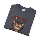 Dark grey unisex cotton t-shirt featuring a graphic of a wide-eyed, fluffy kitten and coffee text.