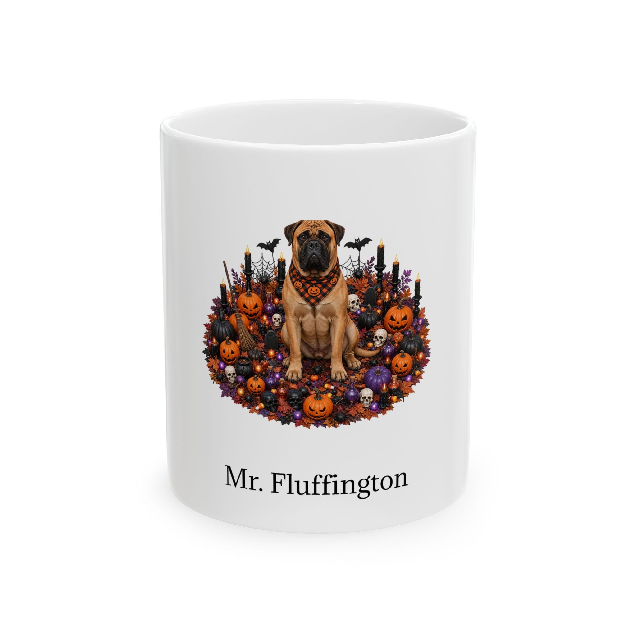 Personalized Bullmastiff dog Halloween mug, 11oz white ceramic, with custom pet name on front