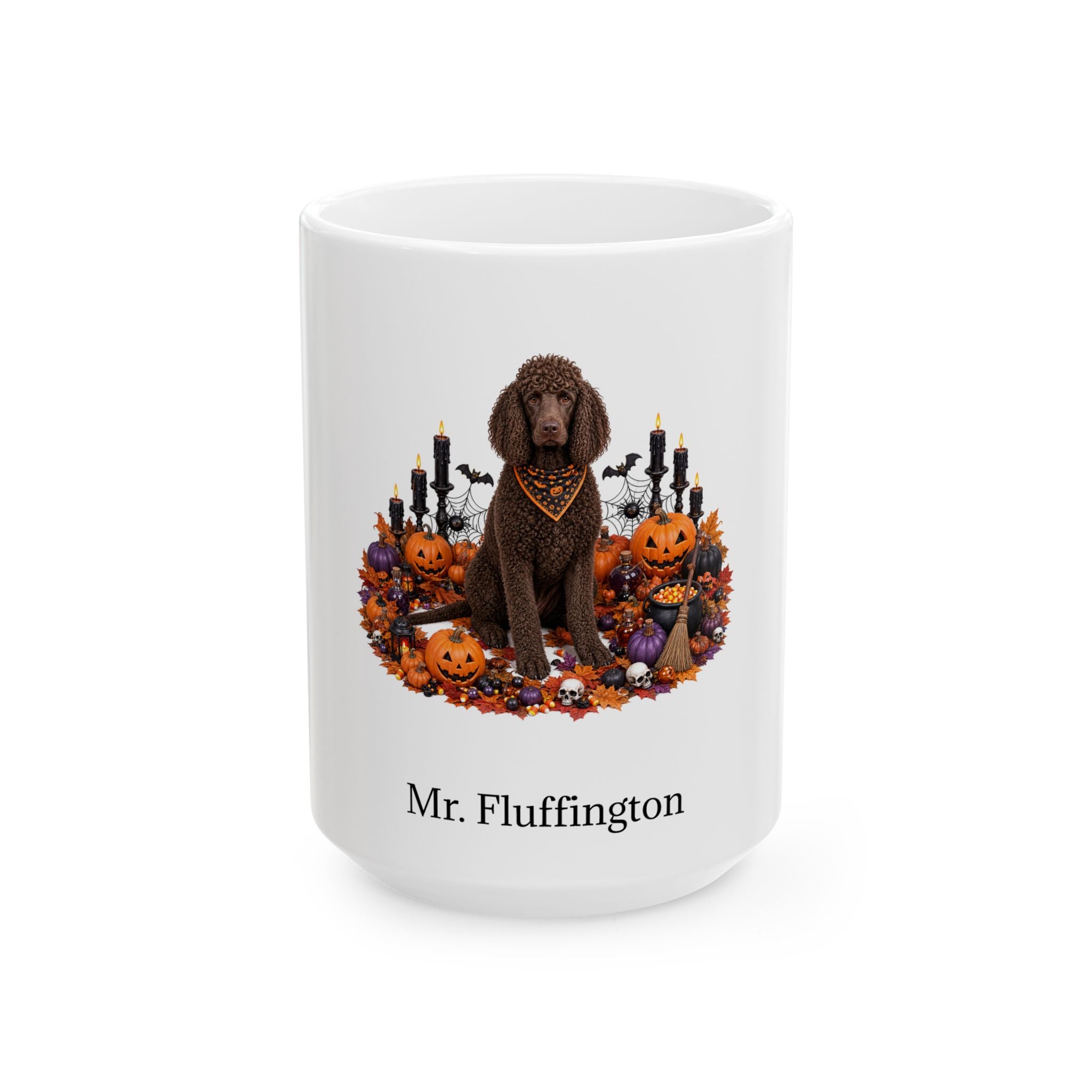 Personalized Irish Water Spaniel dog Halloween mug, 11oz white ceramic, with custom pet name on front