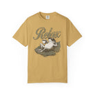 Mustard yellow unisex t-shirt featuring a distressed graphic of a frog relaxing on a lily pad.