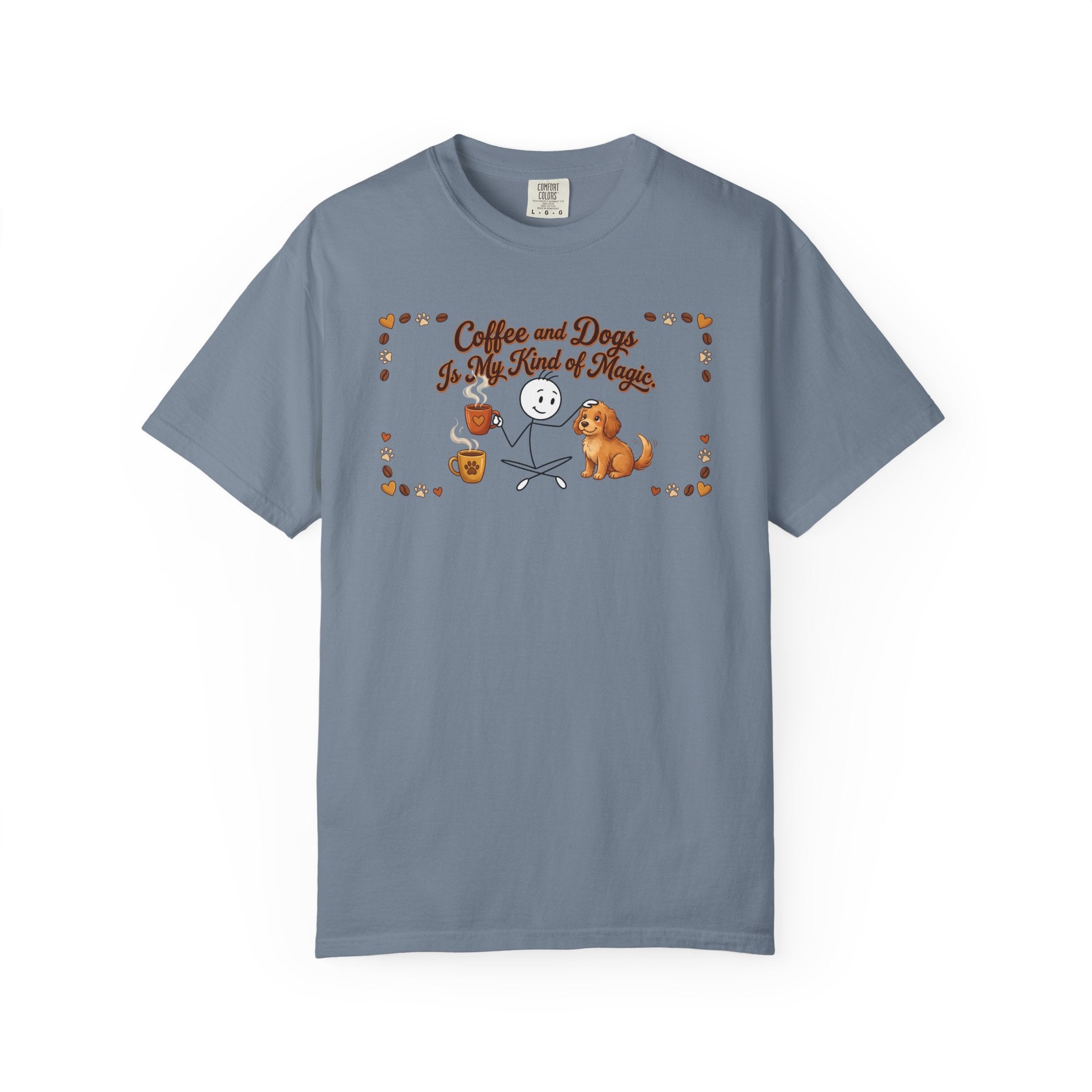 Blue t-shirt with a stick figure holding a coffee mug and petting a dog, with text about magic.