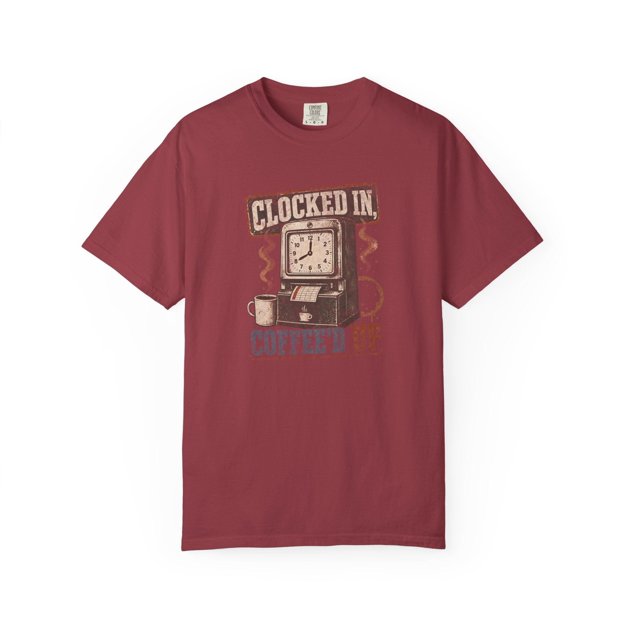 A maroon Comfort Colors 1717 t-shirt with a vintage graphic of a time clock and coffee mug.