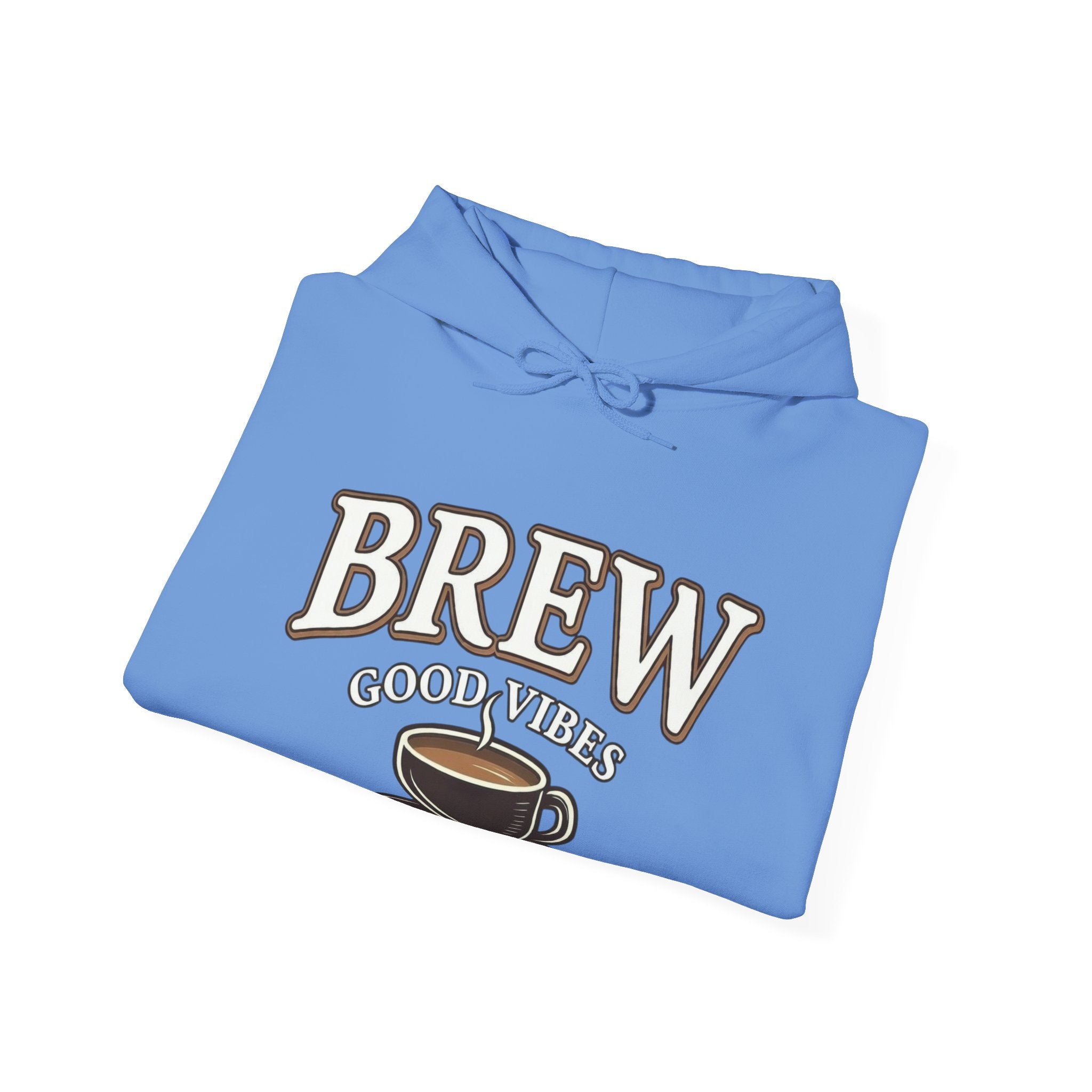 A light blue hoodie with "BREW GOOD VIBES" and a coffee cup graphic.