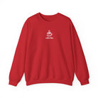 A red crewneck sweatshirt featuring a small white graphic of a smiling coffee cup and the text coffee time.
