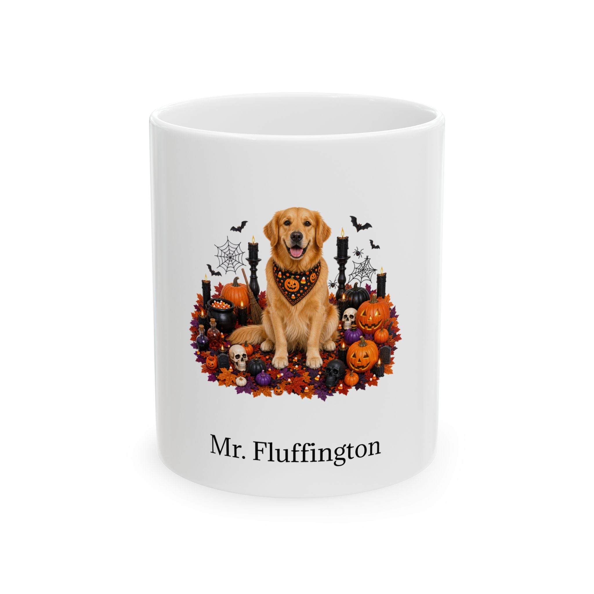 Personalized Golden Retriever dog Halloween mug, 11oz white ceramic, with custom pet name on front