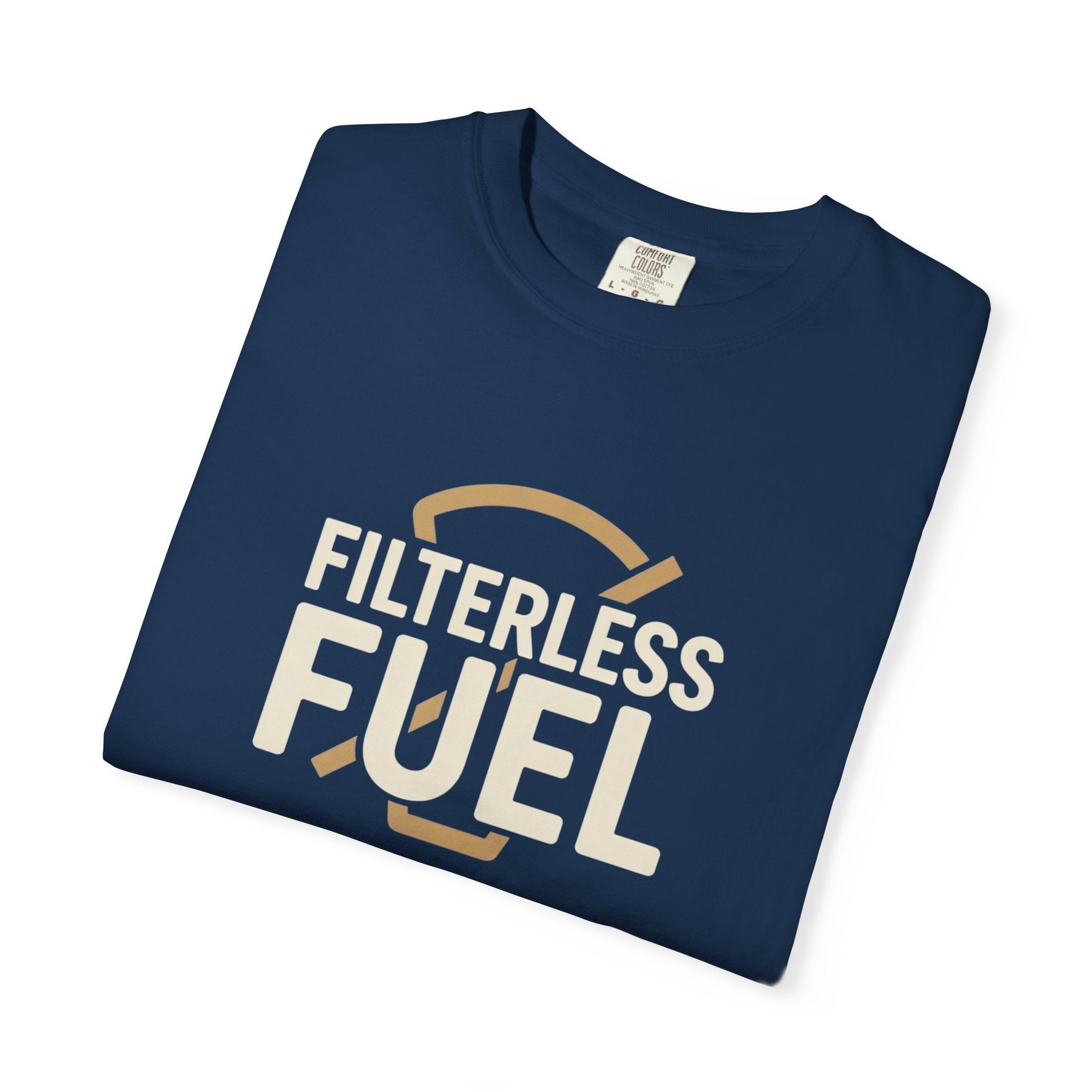 A navy blue Comfort Colors t-shirt featuring the text Filterless Fuel in a retro font.