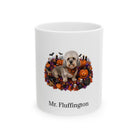 Personalized Dandie Dinmont Terrier dog Halloween mug, 15oz white ceramic, with custom pet name on front