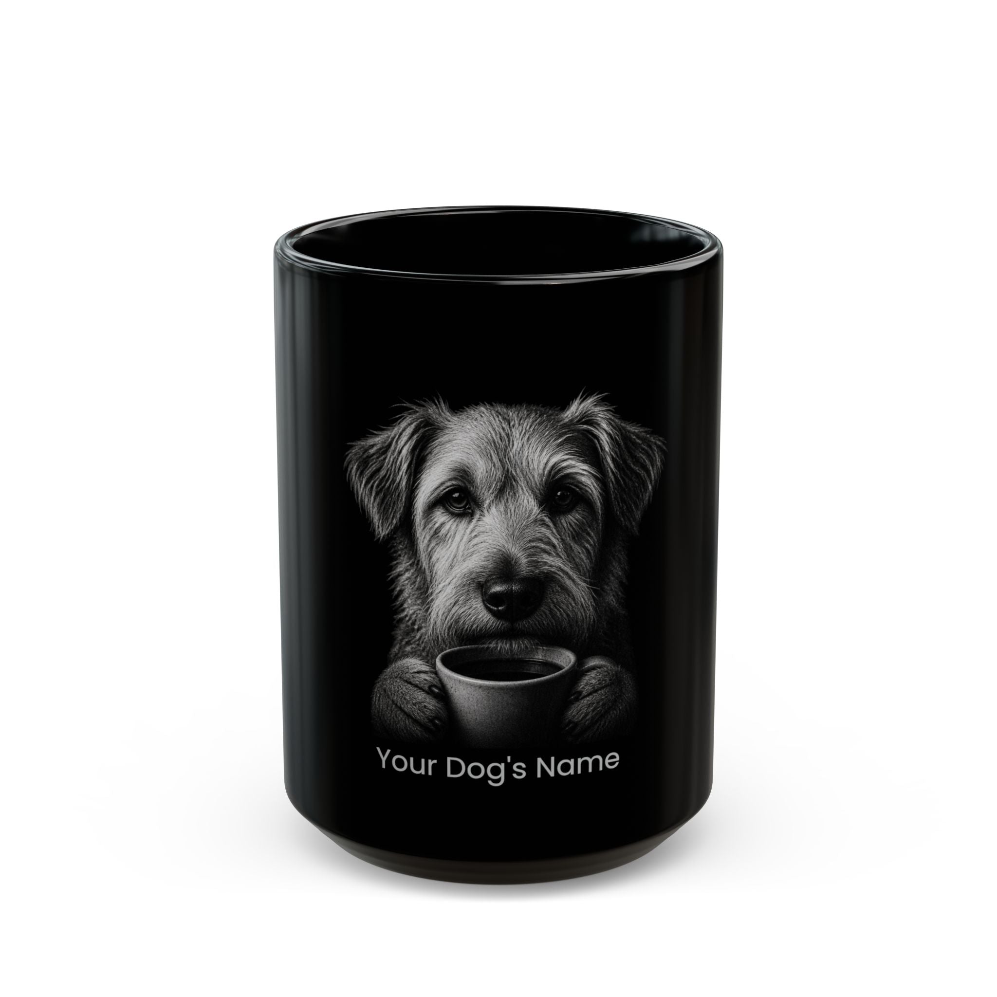 Personalized Pyrenean Shepherd black ceramic coffee mug with custom dog name