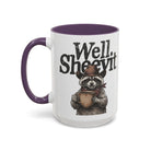 White ceramic mug with a purple handle and rim, featuring a raccoon in a cowboy hat holding a mug.
